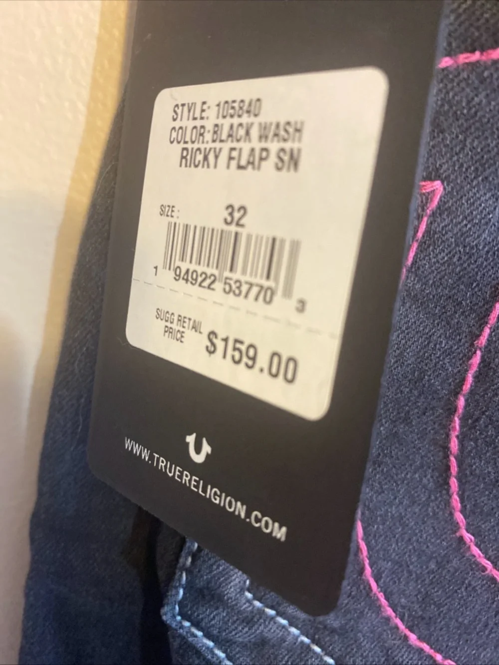 True Religion “RICKY” Relaxed‎ Straight Jeans Men’s Sz 32 Blk/pink MSRP $159 NWT
